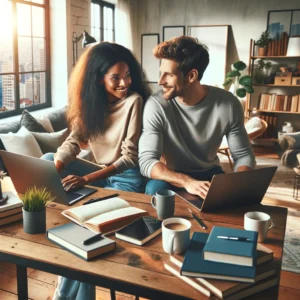 A cozy home office shared by a couple, featuring a large desk with two laptops, books, and a coffee mug. A Caucasian man and an African American woman smile at each other, symbolizing a warm and collaborative environment. The room is bright with natural light from a window showing a cityscape, decorated with plants and artwork, conveying a comfortable and stylish home workspace.