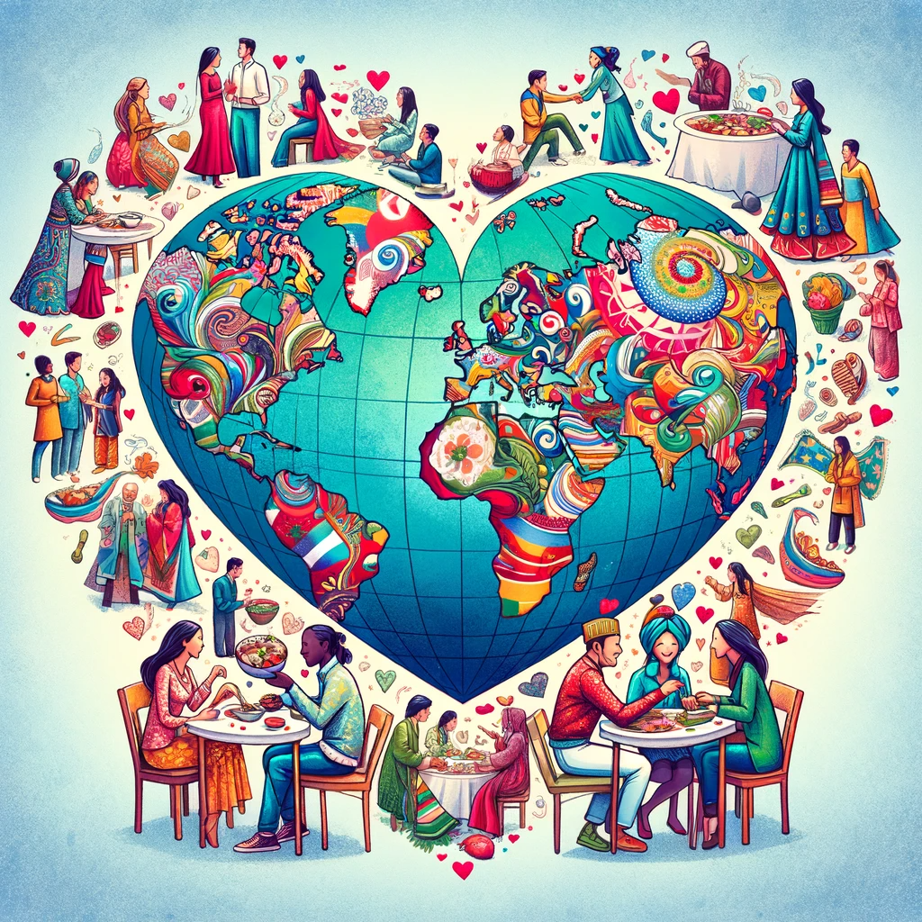 An abstract representation of cultural diversity in dating, showcasing a heart-shaped world map with illustrated couples of different cultural background.
