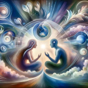 An abstract and artistic representation of mindful communication in a romantic setting. The image should depict a couple engaged in a deep conversation.
